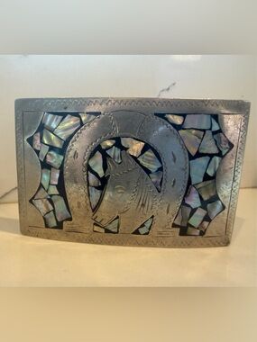 Silver-Tone Horsehead Belt Buckle with Abalone Inlay